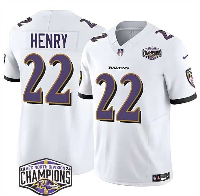 Men%27s Baltimore Ravens #22 Derrick Henry White F.U.S.E 2024 AFC North Division Champions Vapor Limited Jersey